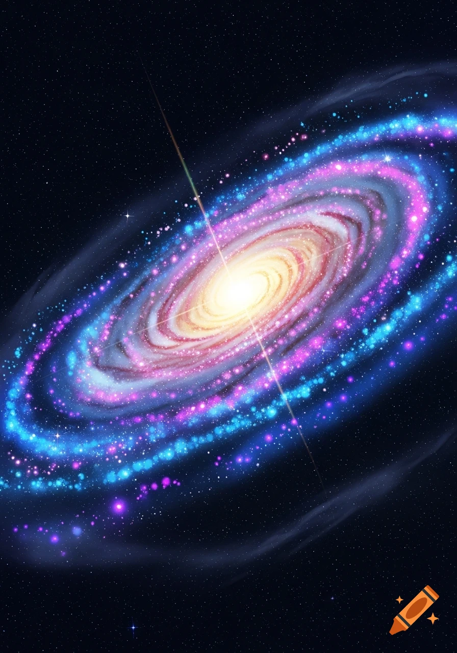 Vibrant anime-style spiral galaxy with a bright core, surrounded by pink and blue nebulae and stars.