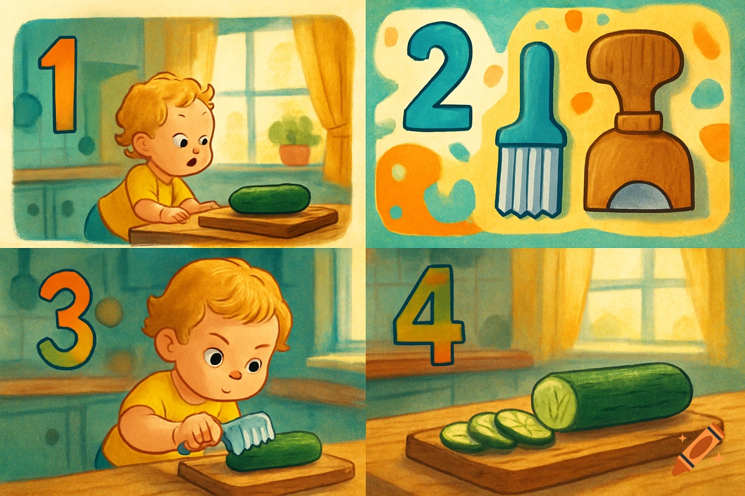 A colorful four-panel children's illustration shows a child learning to slice a cucumber in a kitchen.