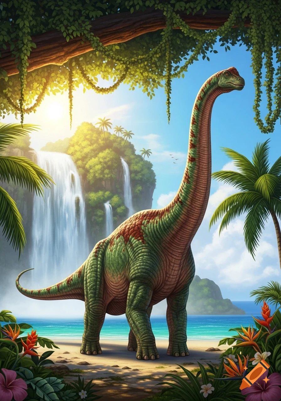 A long-necked dinosaur stands on a tropical beach with waterfalls, palm trees, and lush jungle foliage under a sunny sky.