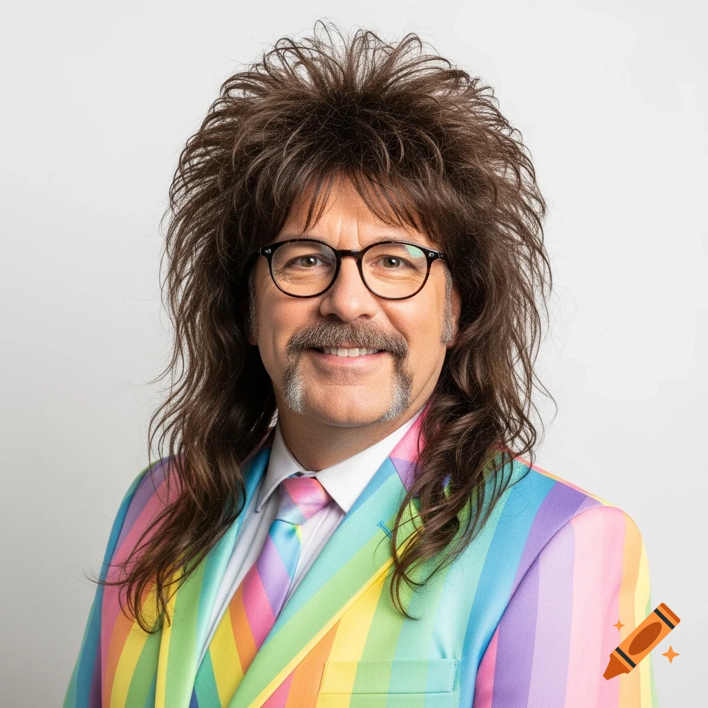 A man with a messy brown mullet and a mustache, wearing glasses and a rainbow striped suit, smiles at the camera against a white background.