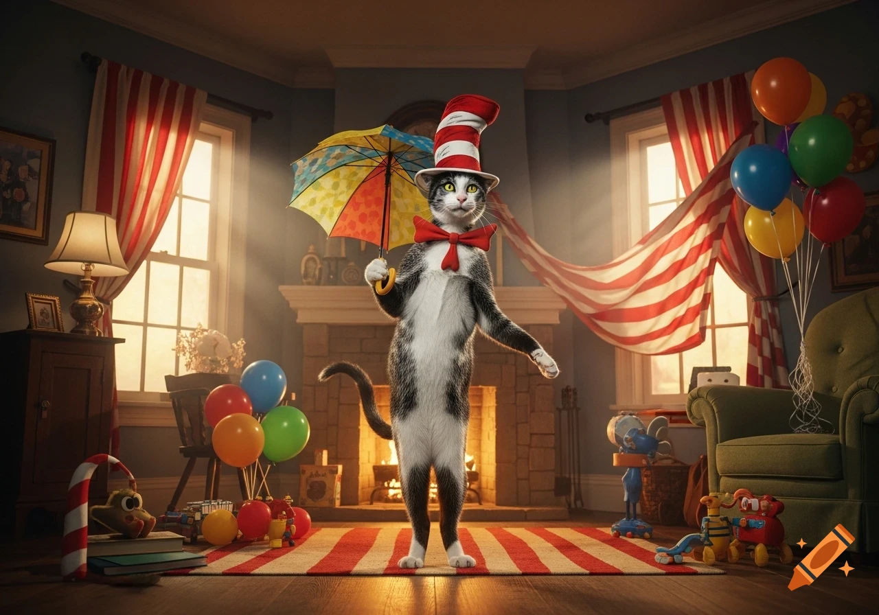 A photorealistic Cat in the Hat stands upright in a whimsical living room, holding a colorful umbrella, surrounded by balloons and toys.