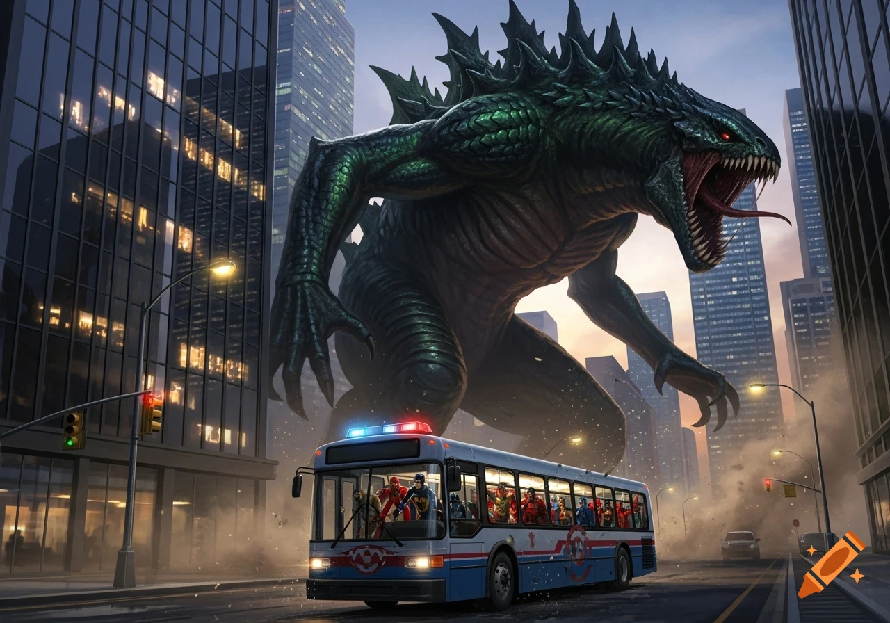 A giant green monster with glowing red eyes attacks a city street, towering over a blue and white bus filled with diverse superheroes.