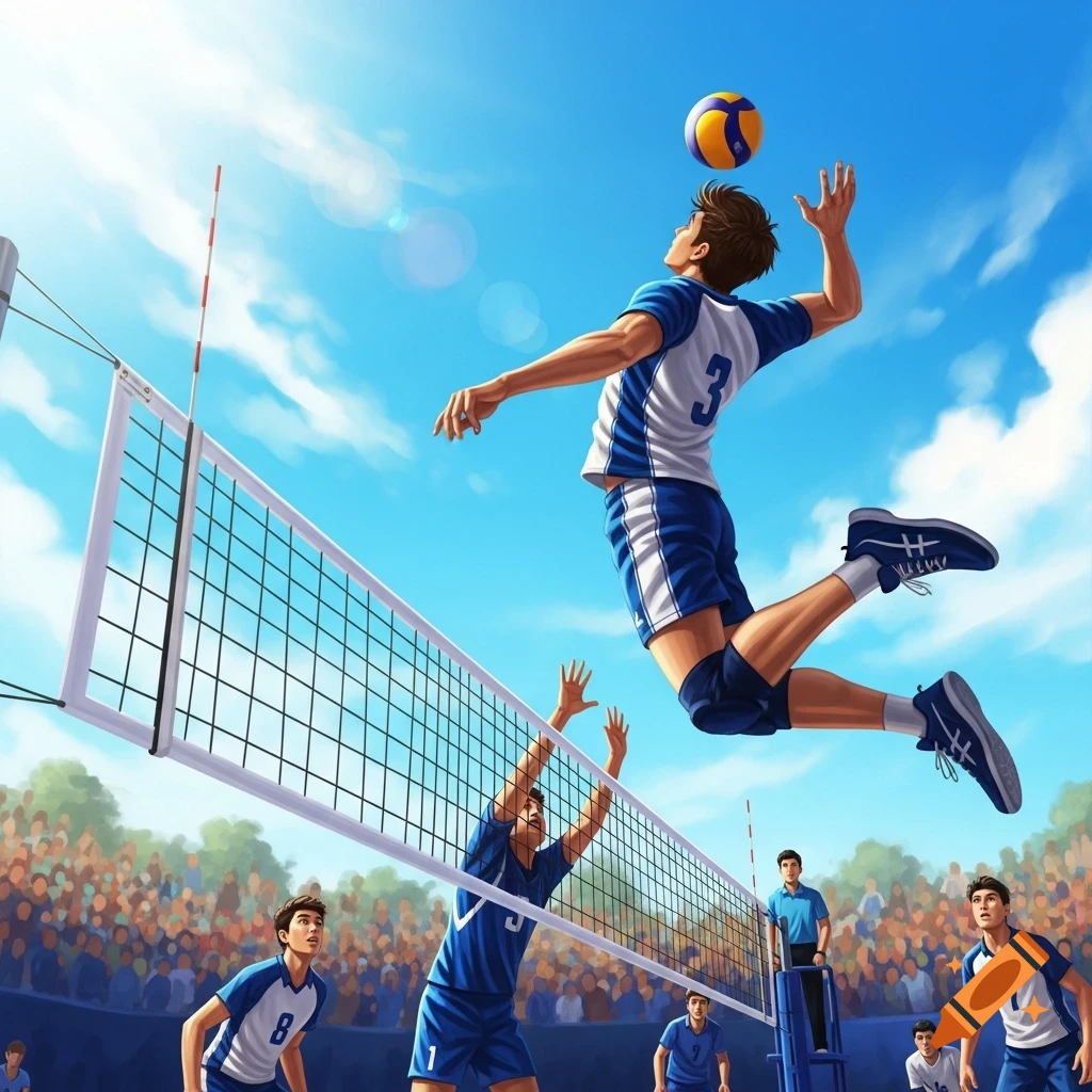 An illustration of a male volleyball player jumping to spike the ball over the net during a game under a bright blue sky.