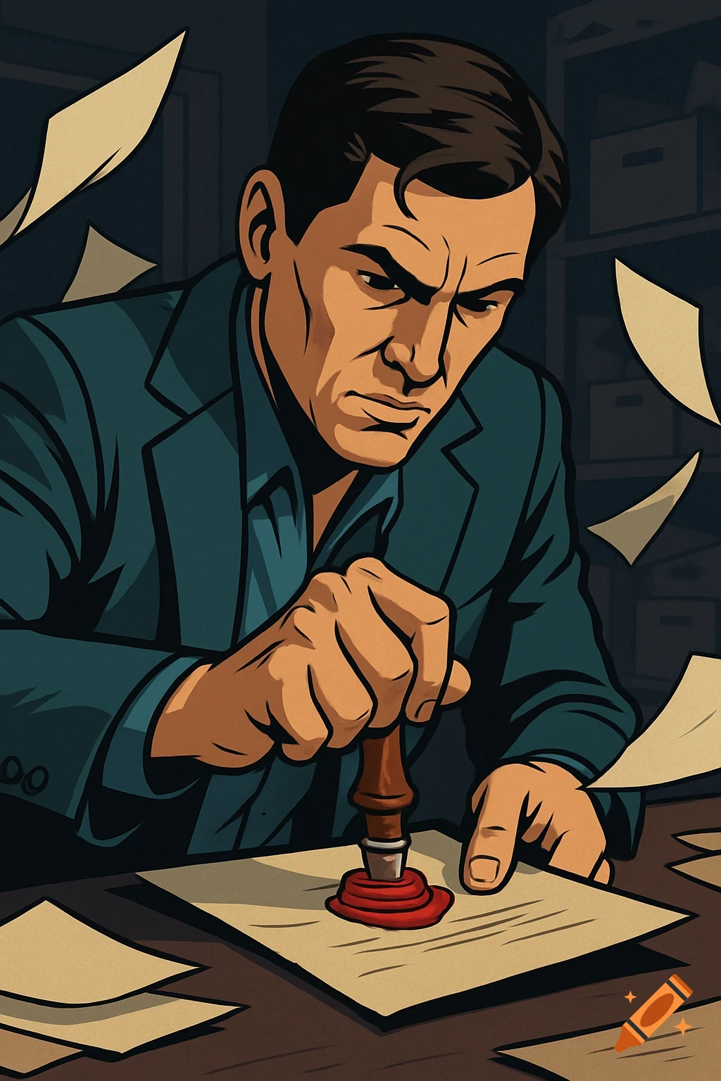A man in a graphic novel style illustration presses a red wax seal onto a document, with papers flying around him.