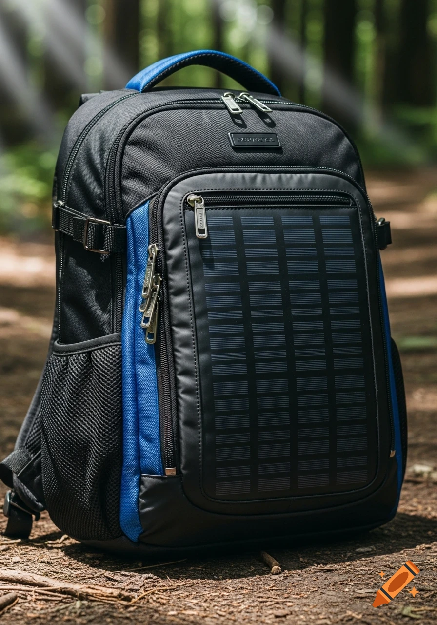 A black and blue backpack with a solar panel on its front, sitting on a forest floor with dappled sunlight.