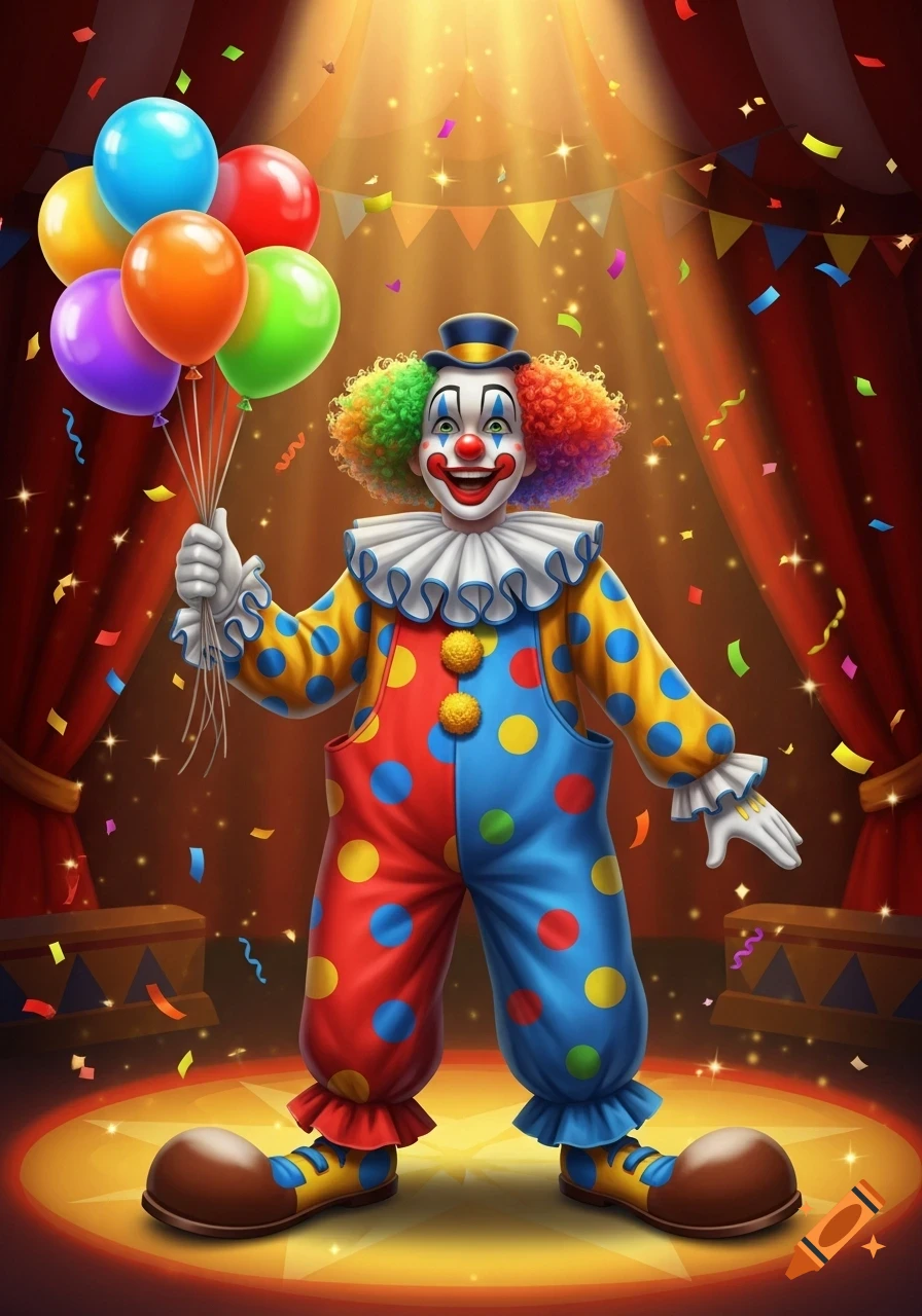 A colorful clown with a rainbow wig and polka-dot suit stands in a spotlight, holding balloons as confetti falls in a circus tent.