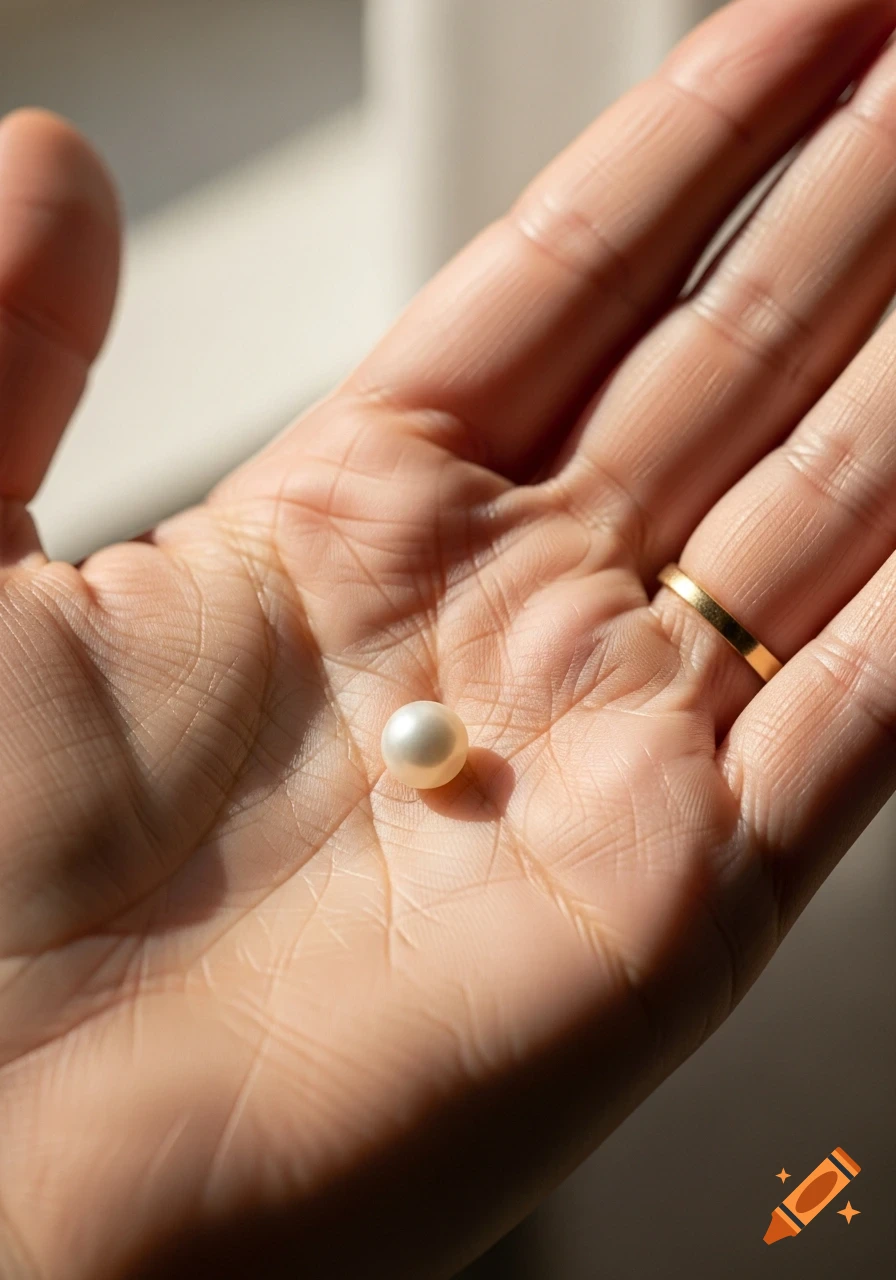 Close-up of an open palm holding a single white pearl, with soft morning light and a gold ring.