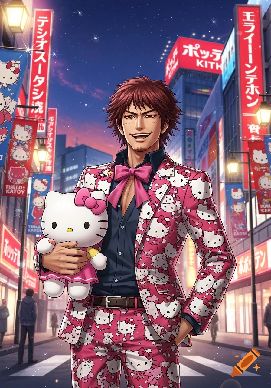 Anime style Ichiban Kasuga in a Hello Kitty suit, smiling and holding a Hello Kitty plush on a vibrant city street at night.
