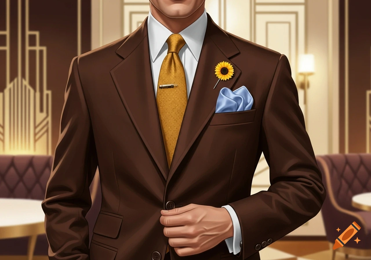 Close-up illustration of a man in a brown suit, mustard tie, blue pocket square, and a sunflower pin in an elegant interior.