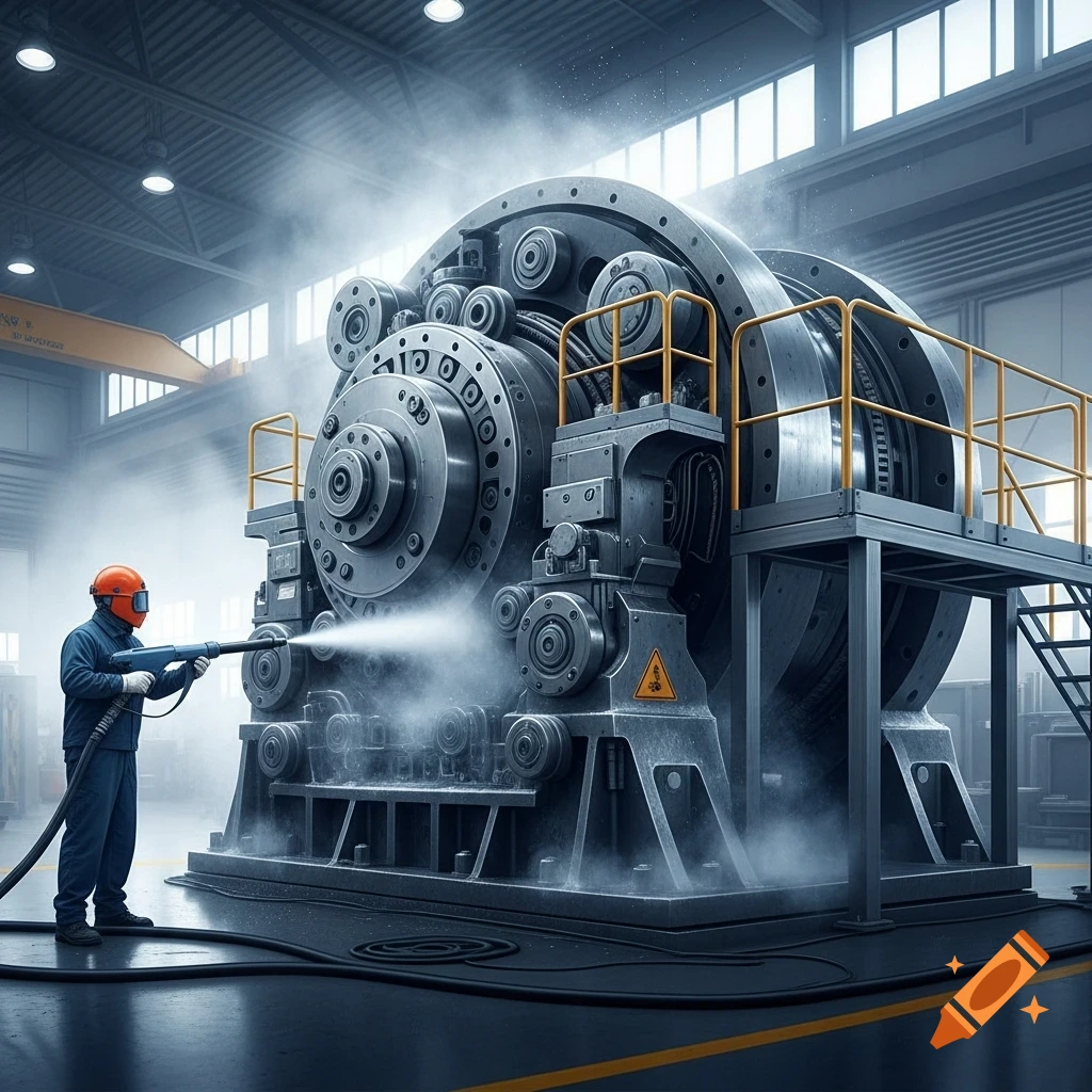 A worker in protective gear uses a dry ice blaster to clean a massive industrial machine in a factory, photorealistic.