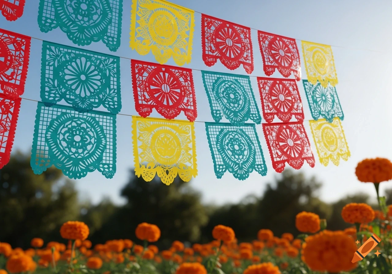 Colorful papel picado banners hang above a field of orange marigold flowers under a blue sky.