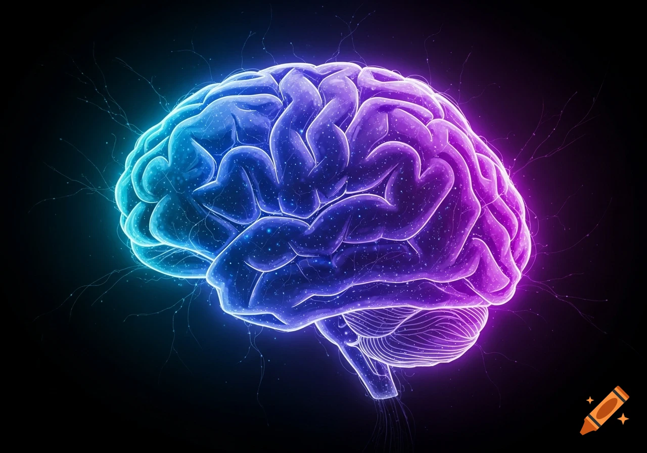 A glowing human brain rendered in vibrant blue and purple hues against a dark background, with radiating energy lines.