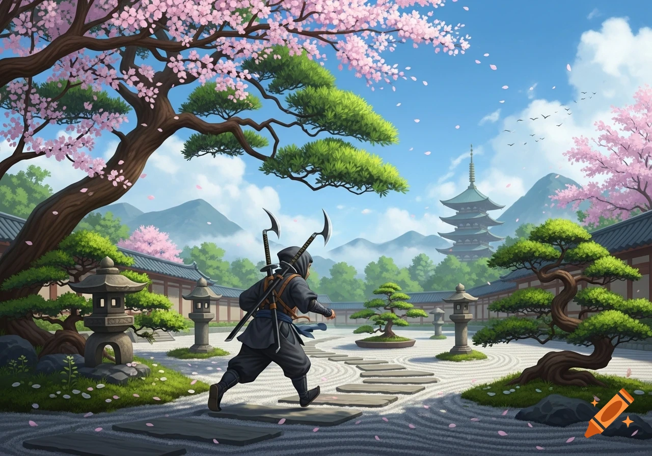 A ninja runs through a beautiful Japanese garden with cherry blossoms, stone lanterns, and a pagoda in the background, in an anime style.