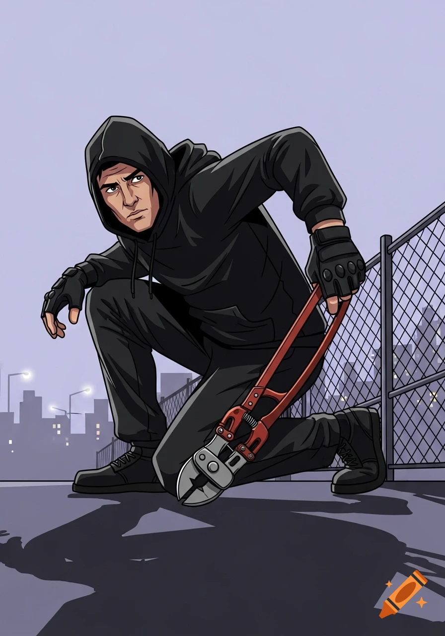 Cartoon man in dark hoodie holding bolt cutters, crouching by a chain-link fence with a city skyline background in graphic novel style.
