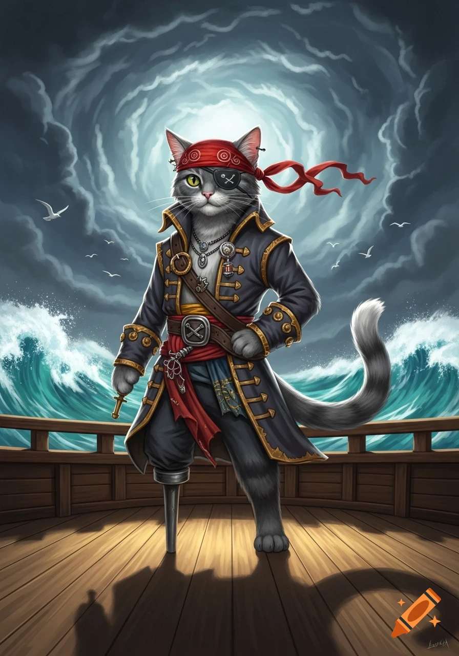 A gray anthropomorphic pirate cat with an eyepatch and a peg leg stands on a ship's deck under a stormy sky with rough seas.