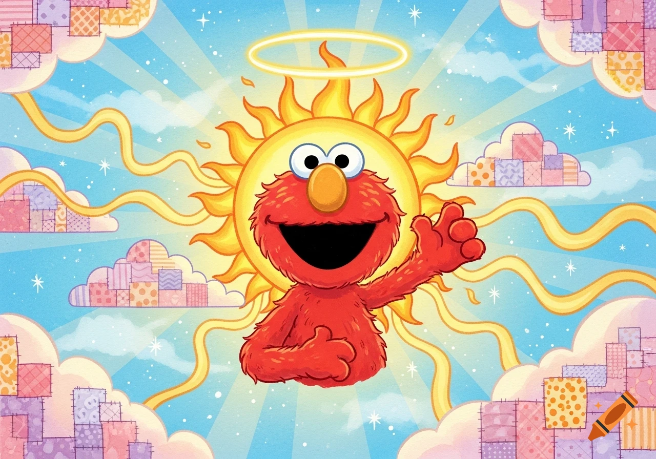 Cartoon Elmo waves, smiling with an open mouth, centered in front of a sun with a halo against a sky with patterned clouds.
