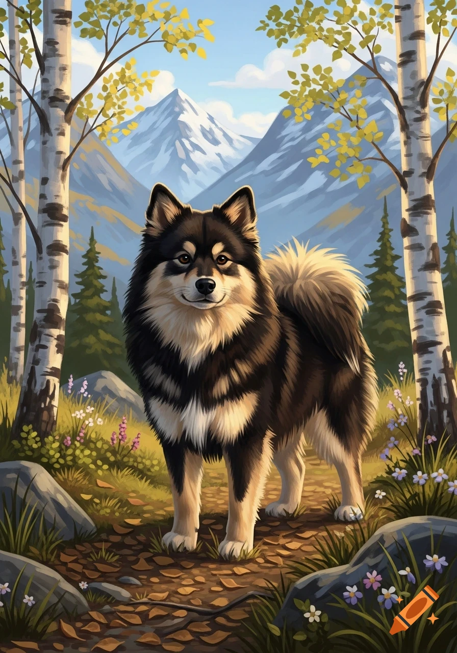 An illustrated black and white furry dog stands on a path between birch trees, with mountains and firs in the background.