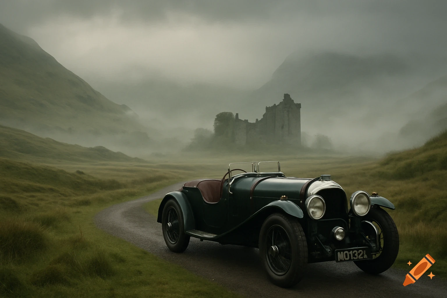 A vintage green car on a winding road in a misty, green valley with a ruined castle in the distance.