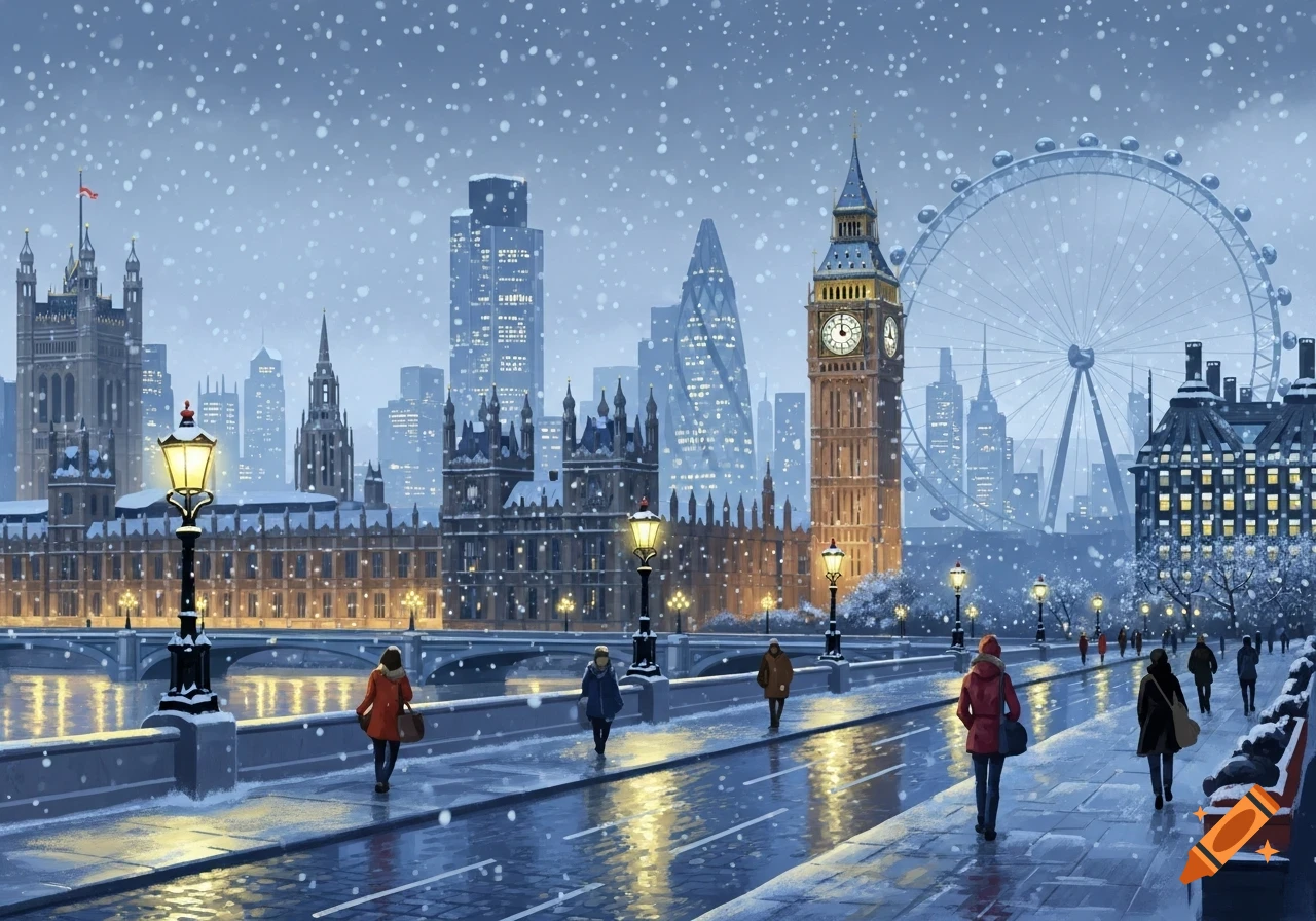 Snow falling over a London cityscape featuring Big Ben, the Houses of Parliament, and the London Eye, with people walking on a bridge.