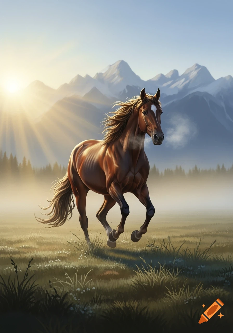 A brown horse gallops through a misty meadow at sunrise, with snow-capped mountains in the background, in an illustrative style.