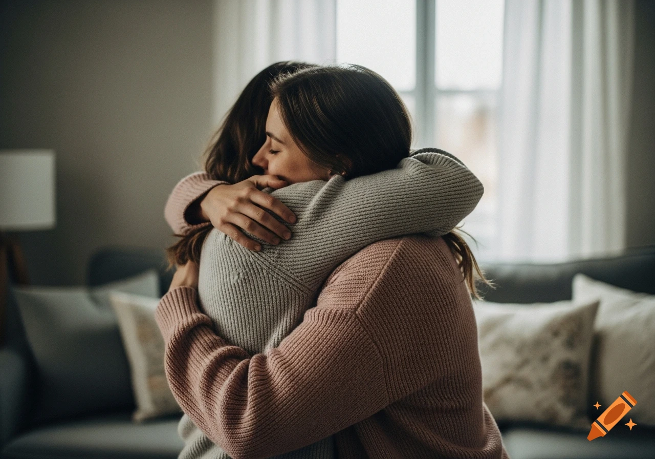 Two women in sweaters embrace tightly in a photorealistic indoor scene.