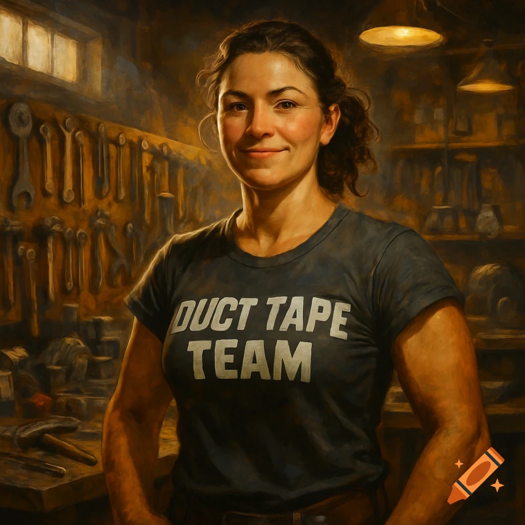 A smiling woman wearing a 'DUCT TAPE TEAM' t-shirt stands in a dimly lit, painterly workshop with tools on the wall.