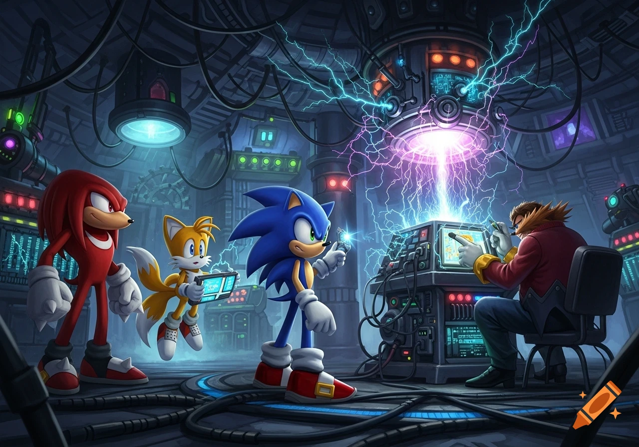 Sonic, Tails, and Knuckles watch Doctor Eggman operating a glowing, sparking machine in a dark, futuristic laboratory.