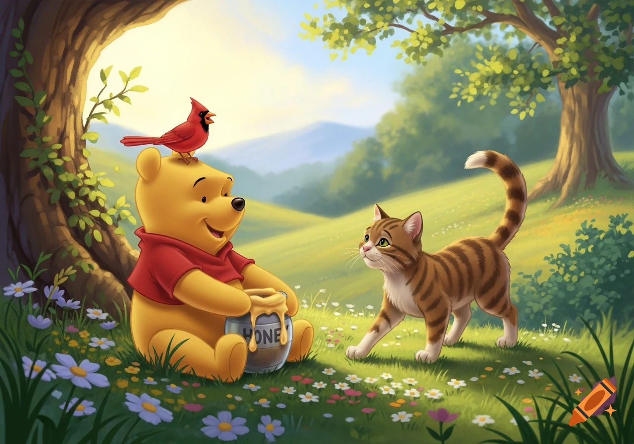 A cartoon Winnie the Pooh sits in a flowery meadow, holding a honey pot, with a red cardinal on his head. A tabby cat stands nearby.