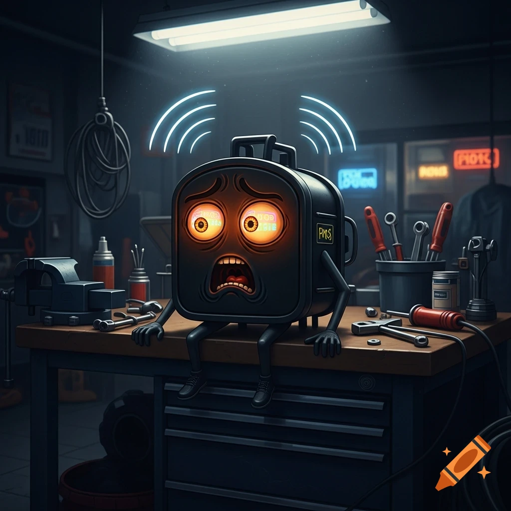 A scared, anthropomorphized black check engine light character with glowing orange eyes and an open mouth, sitting on a workbench in a dimly lit garage.
