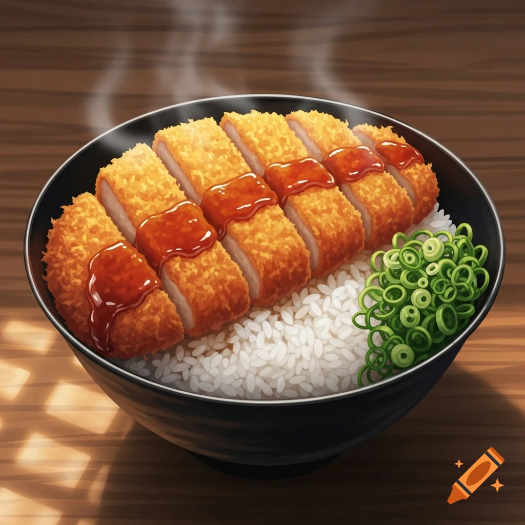 A steaming bowl of katsudon with sliced fried pork cutlets, red sauce, and green onions on white rice, in an anime-style.