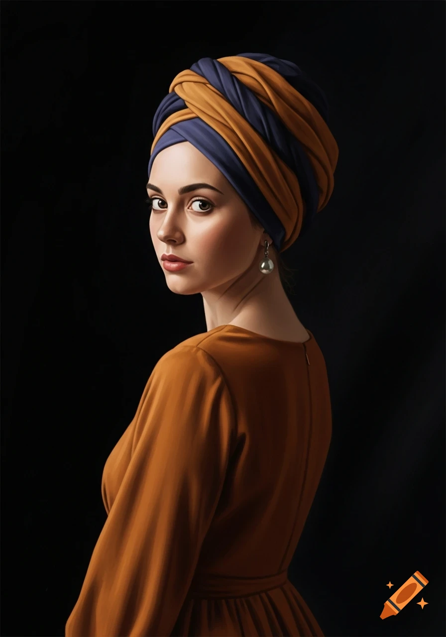 Oil painting of a young woman in an ocher dress and a blue and ocher turban, looking over her shoulder against a black background.