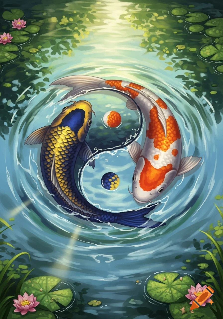 Two colorful koi fish, one blue and gold, one orange and white, forming a yin-yang symbol in a tranquil pond with lily pads and sunlight, in a vibrant art style.