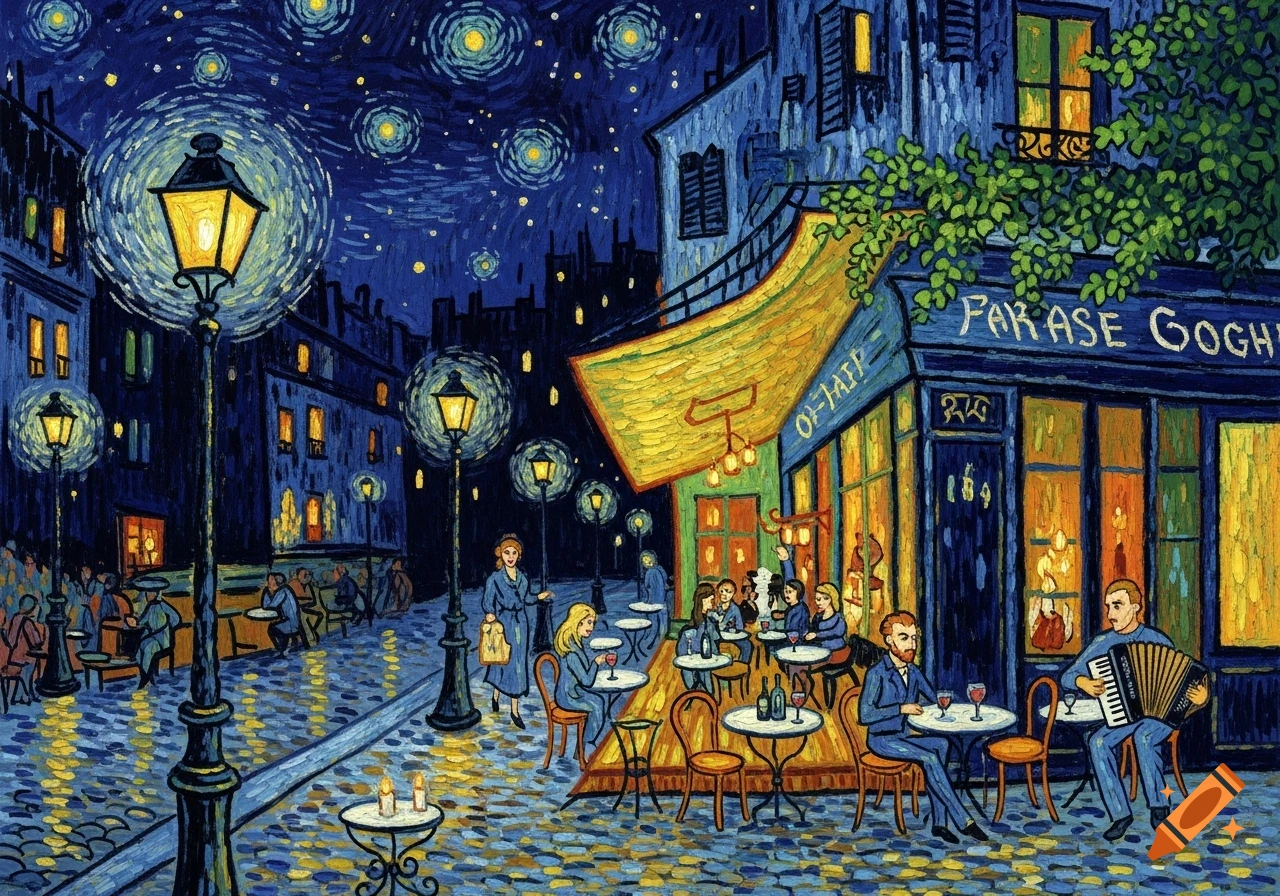A vibrant painting in Van Gogh's style depicts a bustling Parisian cafe scene at night, with streetlights illuminating patrons.