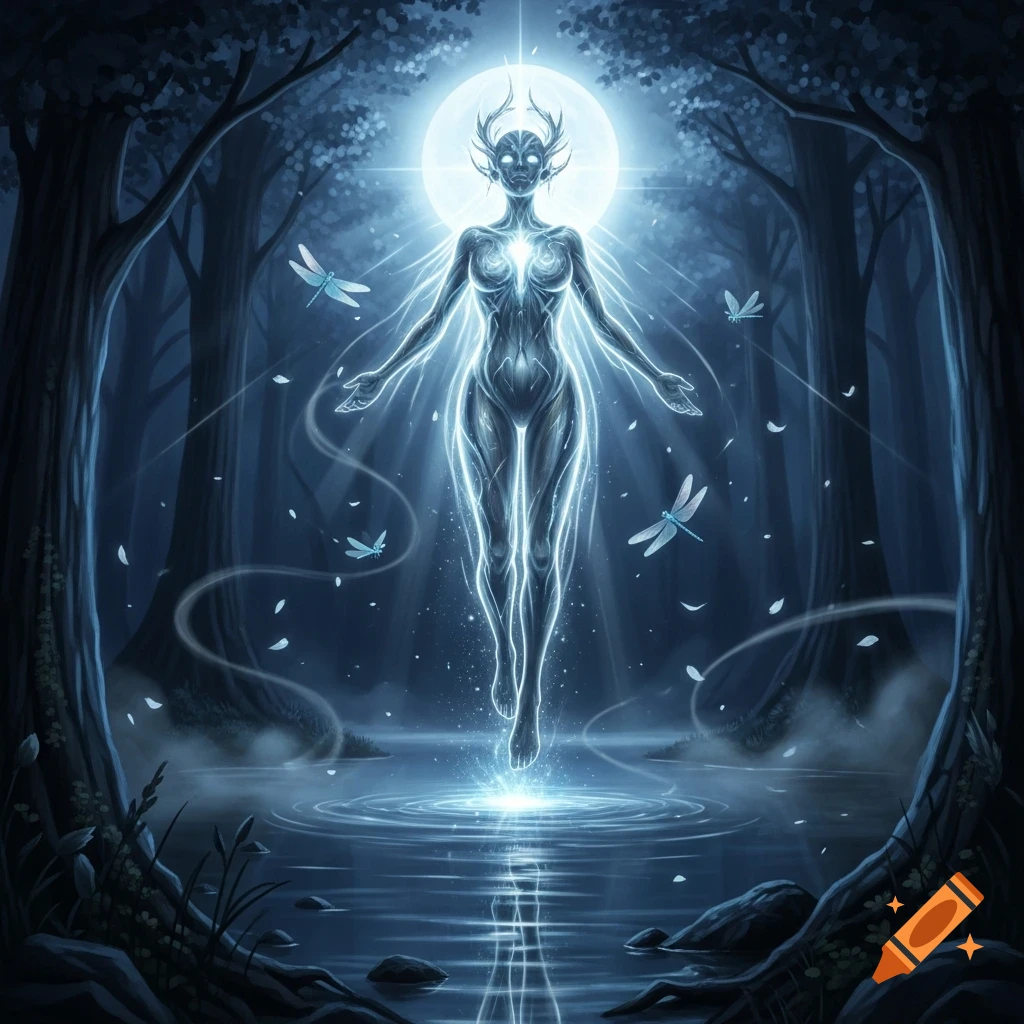 Luminous, antlered humanoid spirit floats above moonlit water in a dark forest with glowing dragonflies, digital art.