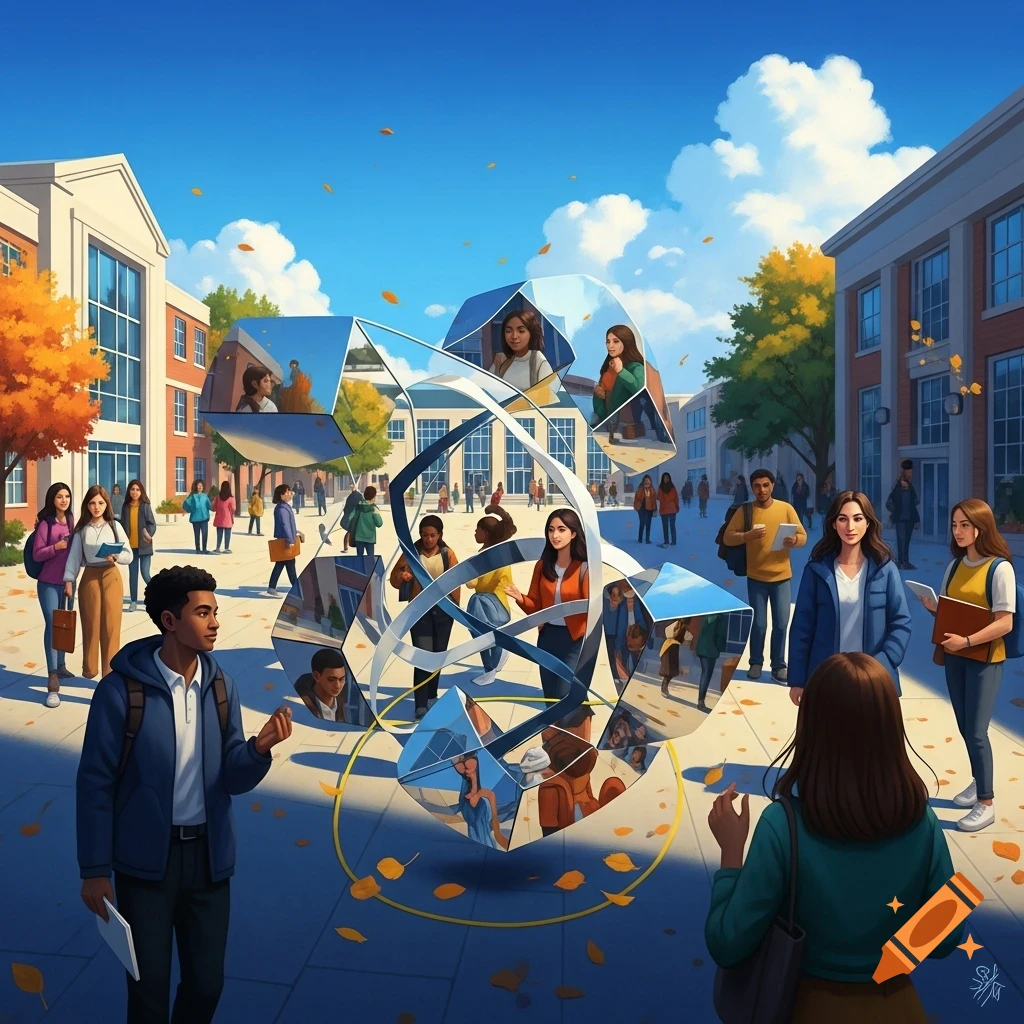Digital art illustration of students at a university campus with a large, reflective geometric optical illusion sculpture.