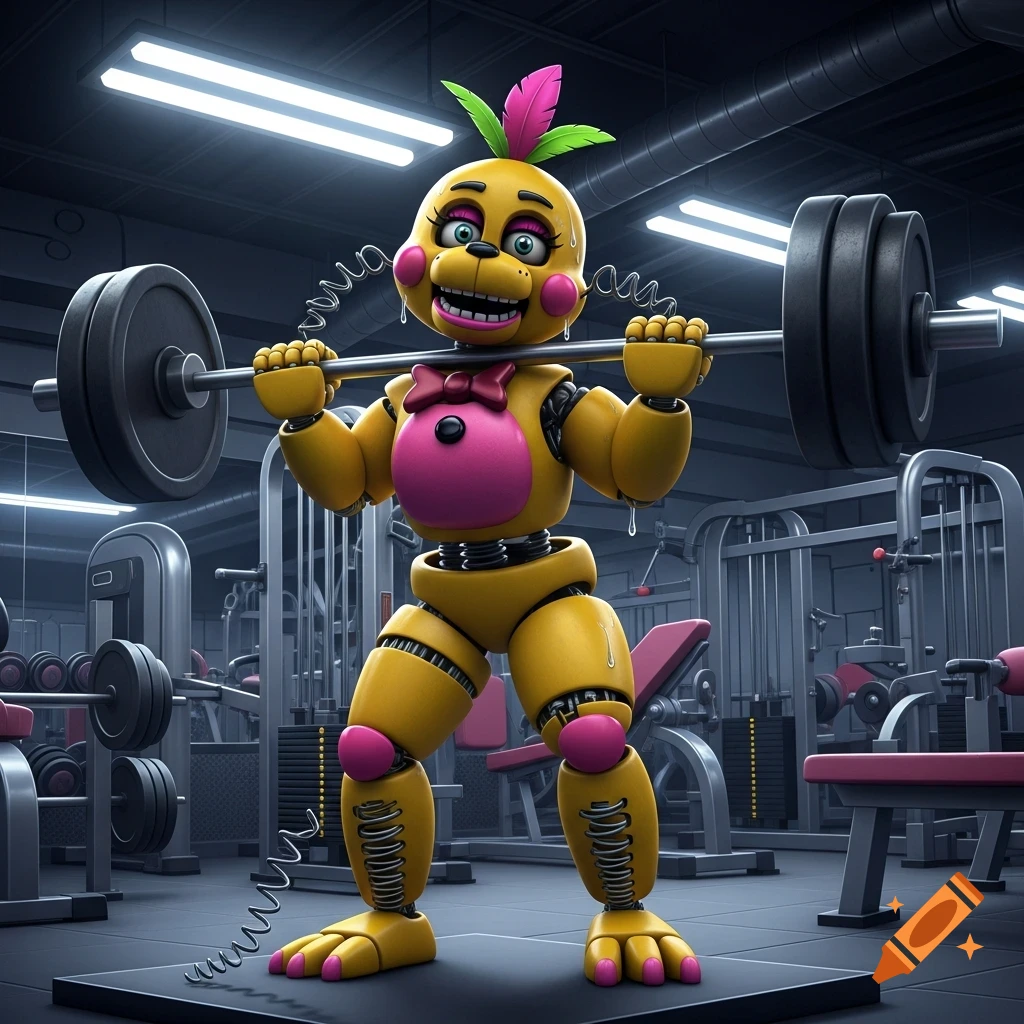 Toy Chica, a yellow animatronic with pink accents, lifts a heavy barbell in a gym, sweat dripping from her metallic body.