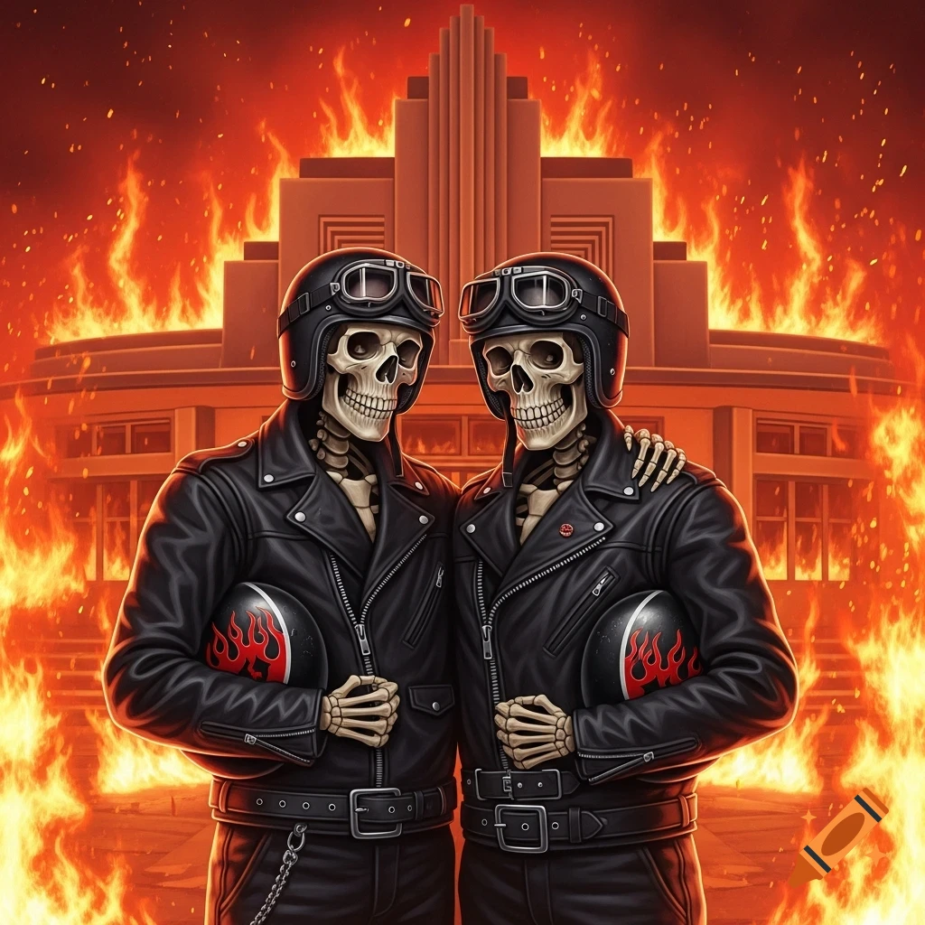 Two skeletons in biker jackets and helmets stand in front of a burning building, holding helmets with flame decals.