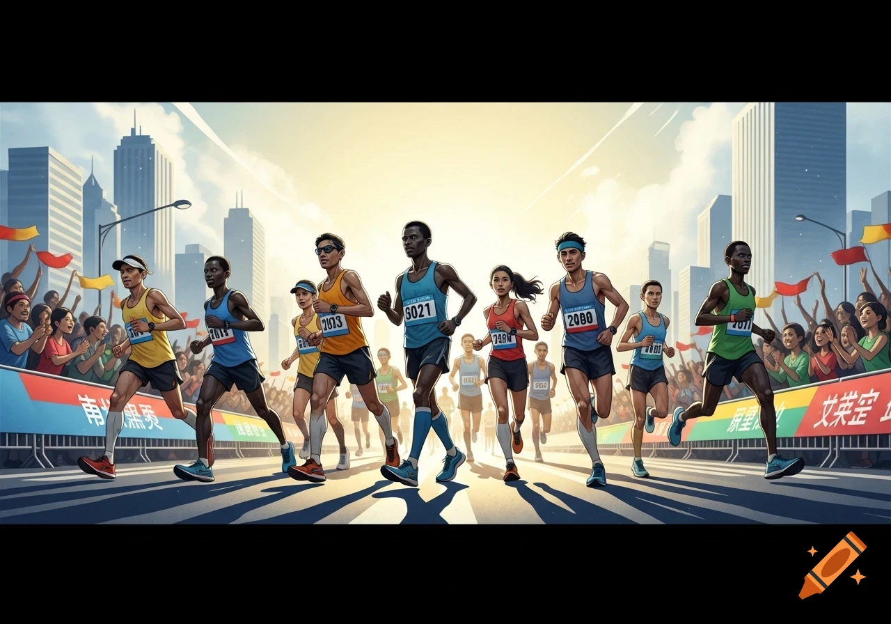 A group of diverse runners competing in a marathon on a city street, with spectators cheering them on. Stylized illustration.