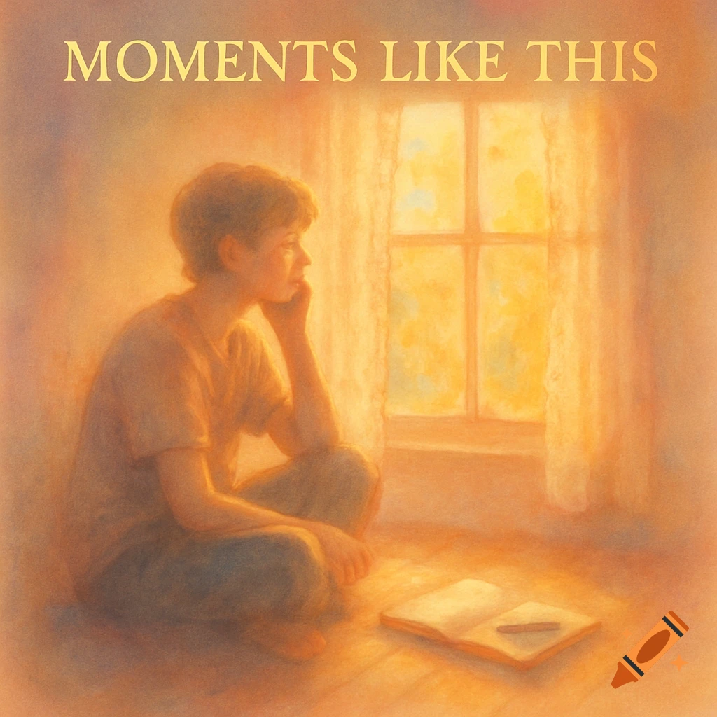 A dreamy, watercolor-style illustration of a young person sitting cross-legged by a sunlit window with a notebook, looking contemplative. Text reads "MOMENTS LIKE THIS".