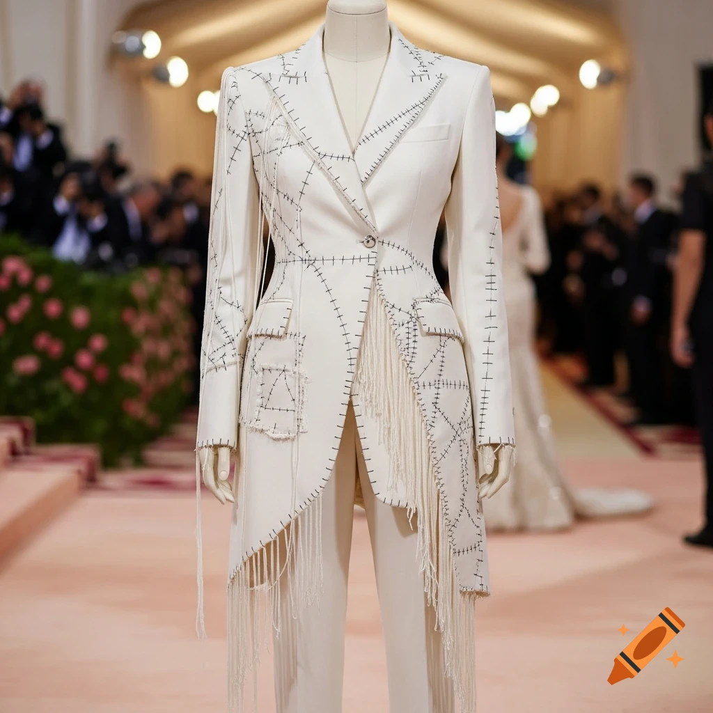 A white tailored suit with visible dark stitching, frayed edges, and fringe on a mannequin at a blurred Met Gala event background.