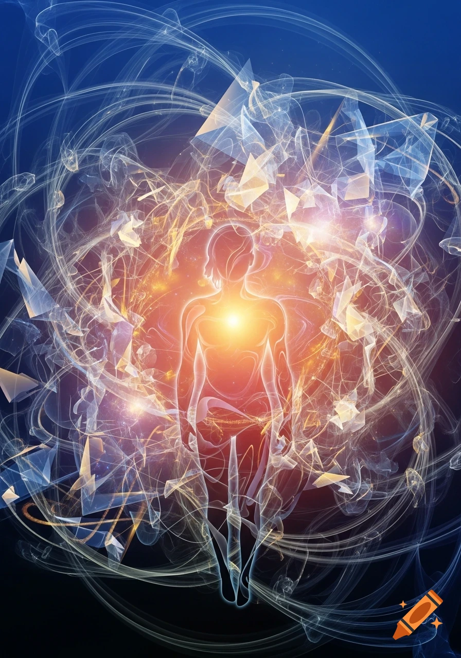 Abstract ethereal human silhouette glowing amidst swirling light and ...