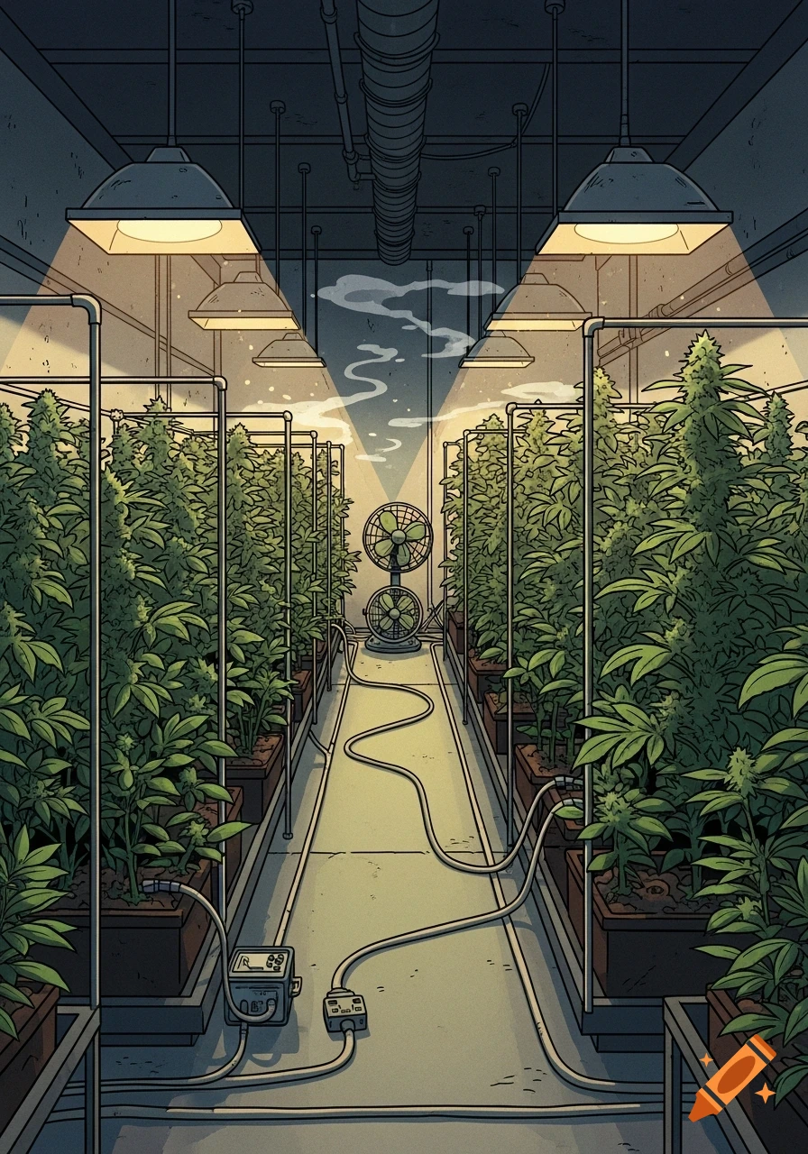 Illustration of an indoor cannabis grow room with rows of leafy plants under warm lights, fans, cables, and hoses in a graphic novel style.