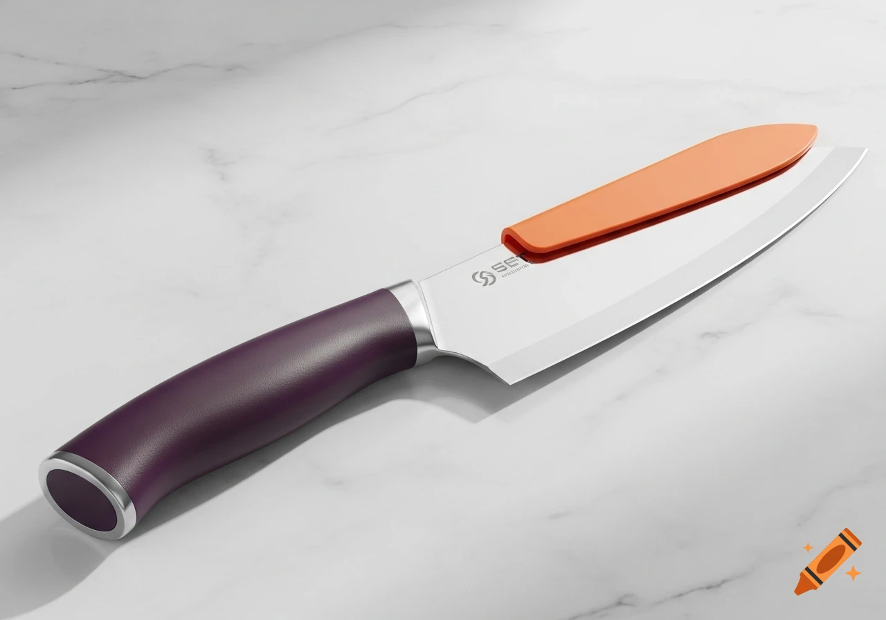 Photorealistic kitchen knife with a purple handle and an orange blade cover on a white marble surface.
