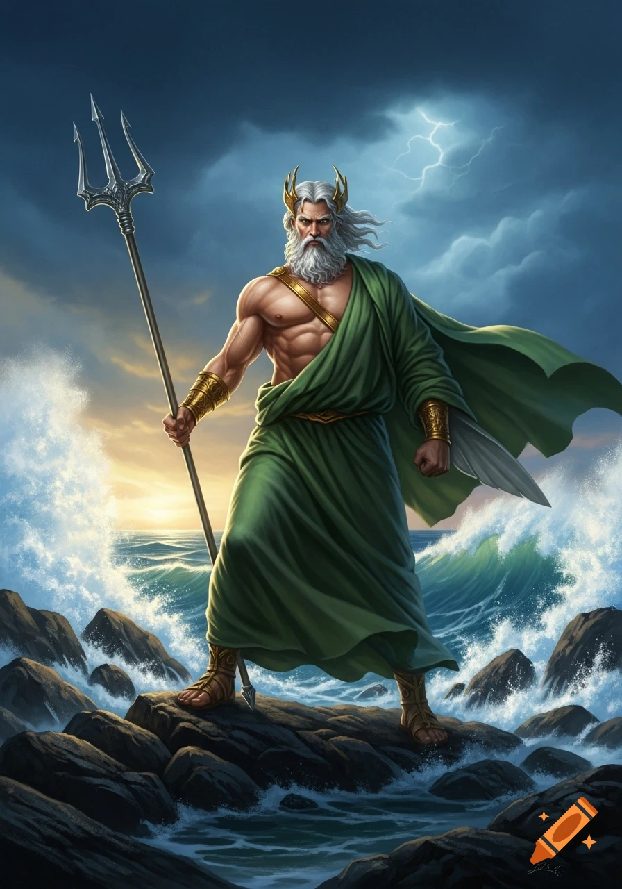 Powerful Poseidon stands on rocks with his trident, amidst crashing waves and a stormy sky with lightning. Fantasy art.
