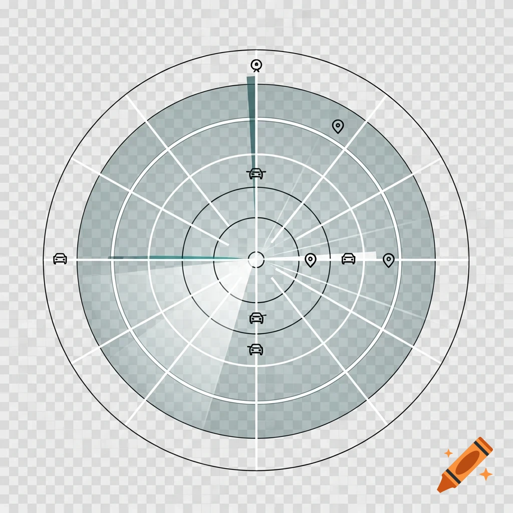 Radar-inspired illustration for location tracking, showing cars and pins on a circular grid with a sweeping line on a transparent background.
