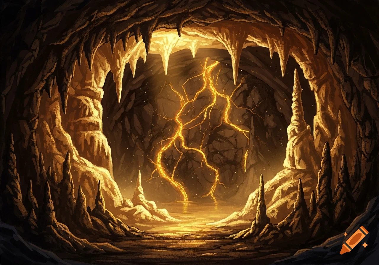 A dark, glowing cave filled with golden, electrical-like streaks and reflective water, in an illustrative style.