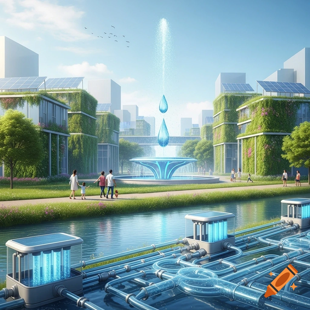 A futuristic, eco-friendly city scene with green buildings, solar panels, a river, and a glowing water purification system. People walk along a path.
