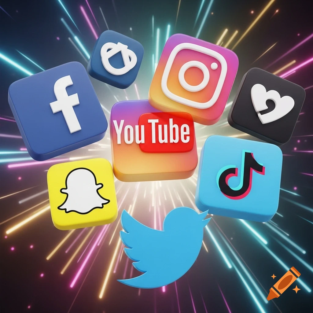 A 3D collage of various social media platform icons including Facebook, YouTube, Instagram, TikTok, Snapchat, and Twitter, set against a vibrant light streak background.