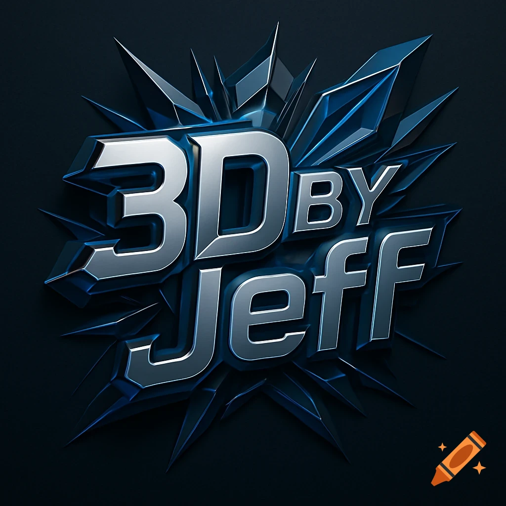 A shiny metallic silver 3D logo reading "3D BY Jeff" with sharp blue crystal accents on a dark background.