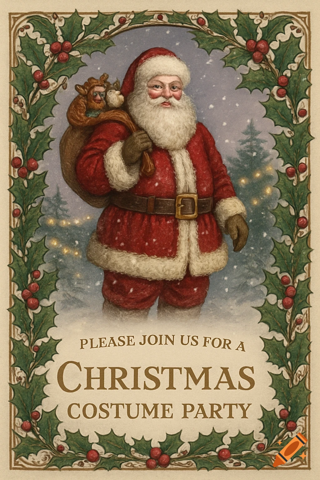 A vintage-style illustration of Santa Claus holding a gift sack, framed by holly, with text 'Please join us for a Christmas Costume Party'.